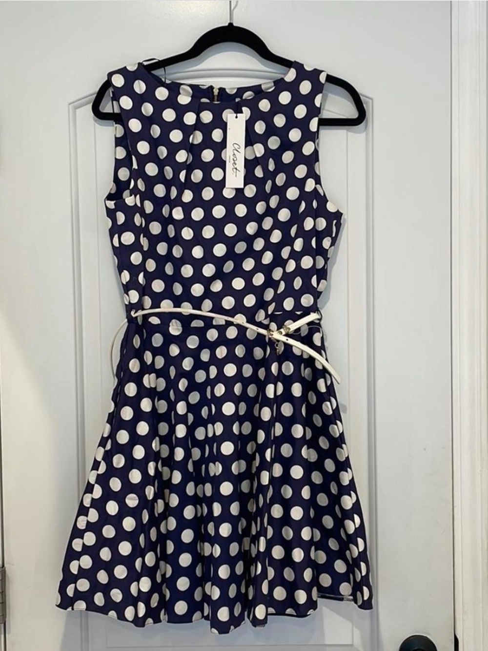 NWT Closet London Navy Polkadot Fit & Flare Retro Dress Pockets Belt Sz 12
